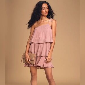 Lulus Blowing Kisses Dusty Pink Pleated One-Shoulder Mini